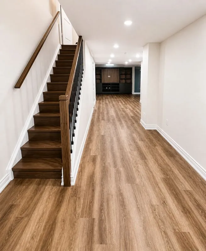 Full basement finishing with staircase and rec room - VDR Contracting Oakville Halton