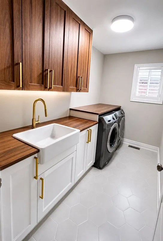 Custom laundry room renovation with walnut cabinets - VDR Contracting Oakville